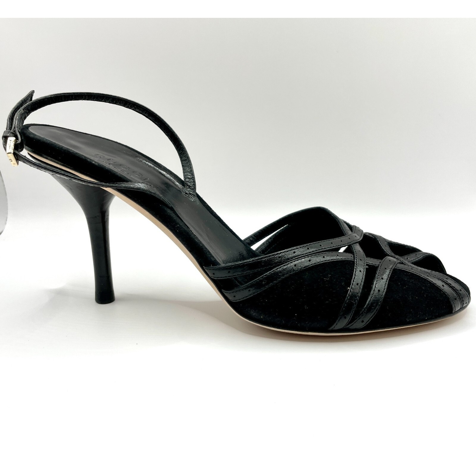 Gucci Womens Size Eu 37.5 B Black Buckle Slingback Peep Toe Authentic Pumps Euc